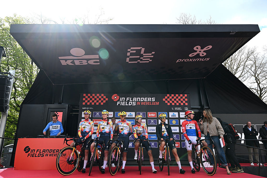 WEVELGEM, BELGIUM - MARCH 29: Lorena Wiebes of Netherlands, Elena Cecchini of Italy, Femke Gerritse of Netherlands, Barbara Guarischi of Italy, Marta Lach of Poland, Femke Markus of Netherlands and Team SD Worx - Protime prior to the 13th In Flanders Fields - From Middelkerke to Wevelgem 2026 - Women's Elite a 135.2km one day race from Wevelgem to Wevelgem / #UCIWWT / on March 29, 2026 in Wevelgem, Belgium. (Photo by Luc Claessen/Getty Images)