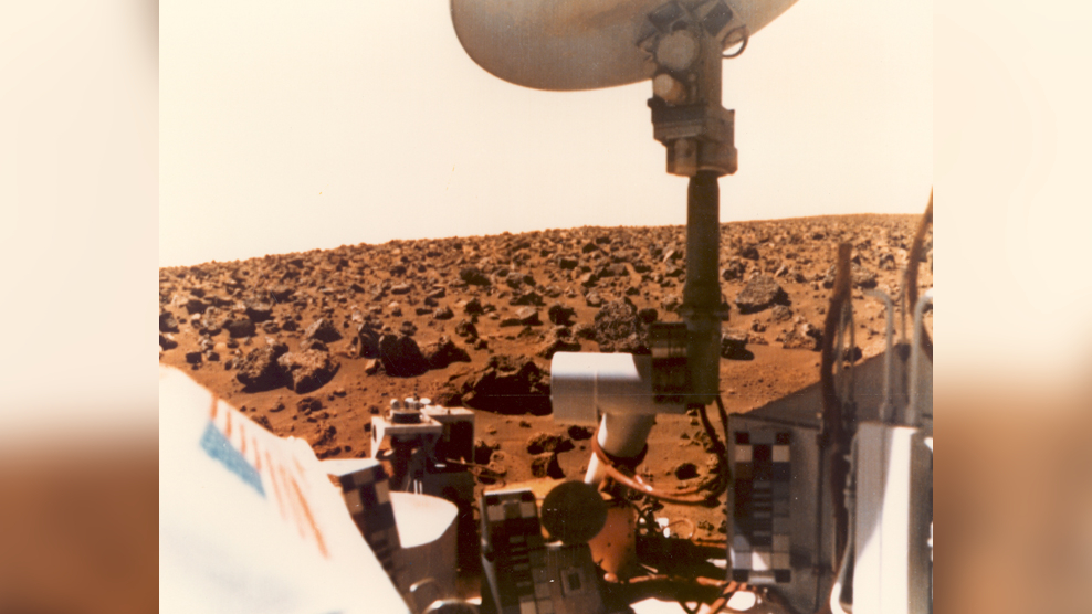 This color picture of the Martian horizon was taken by Viking 1 on July 24, 1976.
