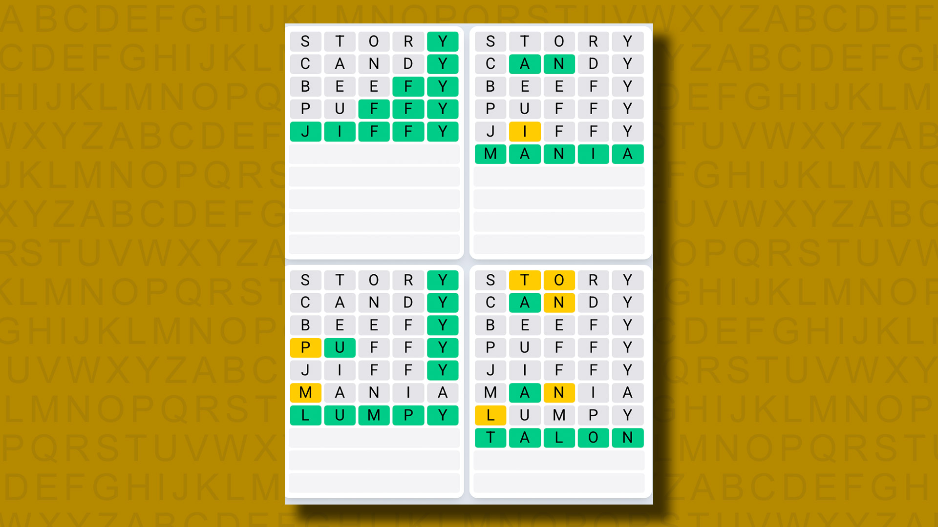 Quordle Daily Sequence answers for game 1287 on a yellow background