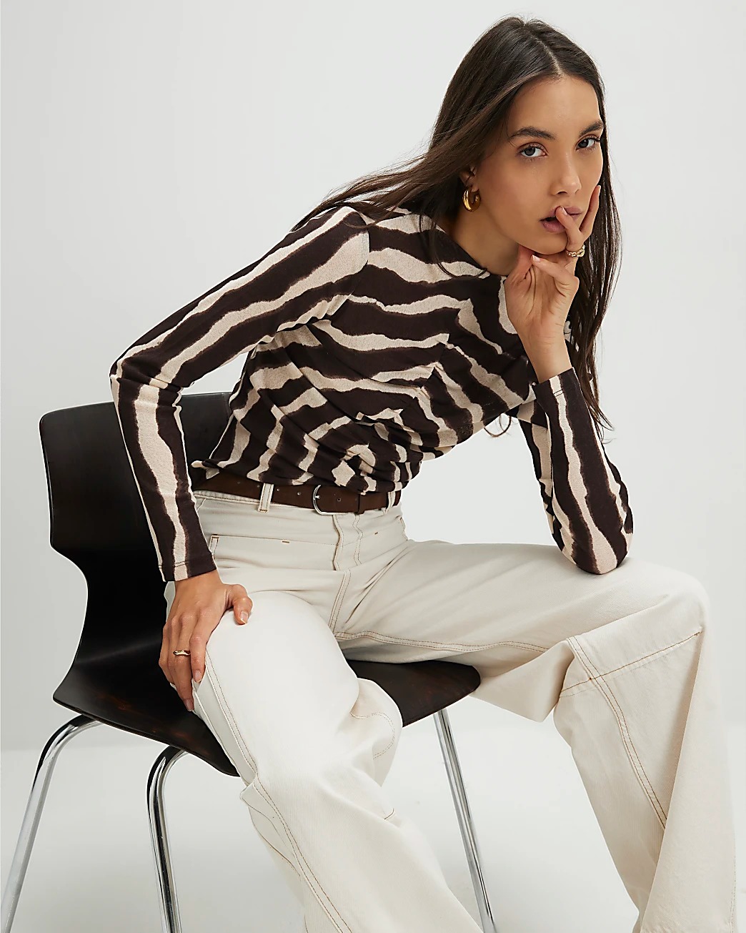 Brown Ruched Wavy Print Mesh Top