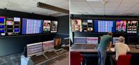 Two photos of a LNK playout facility with screens and two men