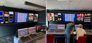 Two photos of a LNK playout facility with screens and two men