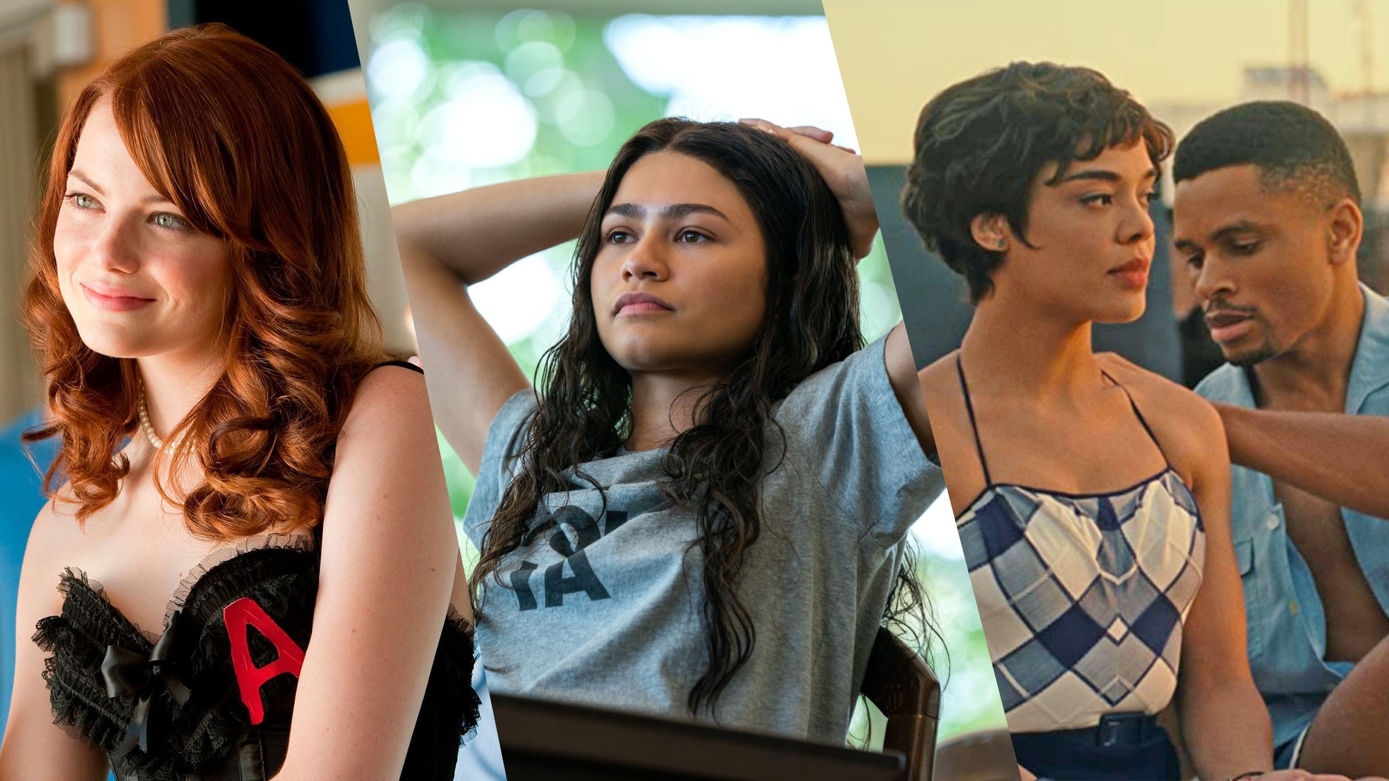 (From L to R) Emma Stone as Olive Penderghast in "Easy A," Zendaya as Tashi Donaldson in "Challengers," and Tessa Thompson as Sylvie and Nnamdi Asomugha as Robert Halloway in "Sylvie's Love."