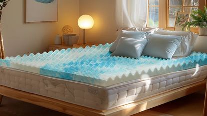 Wolken 3&quot; Egg Crate Gel Memory Foam Mattress Topper on a bed against a white wall.