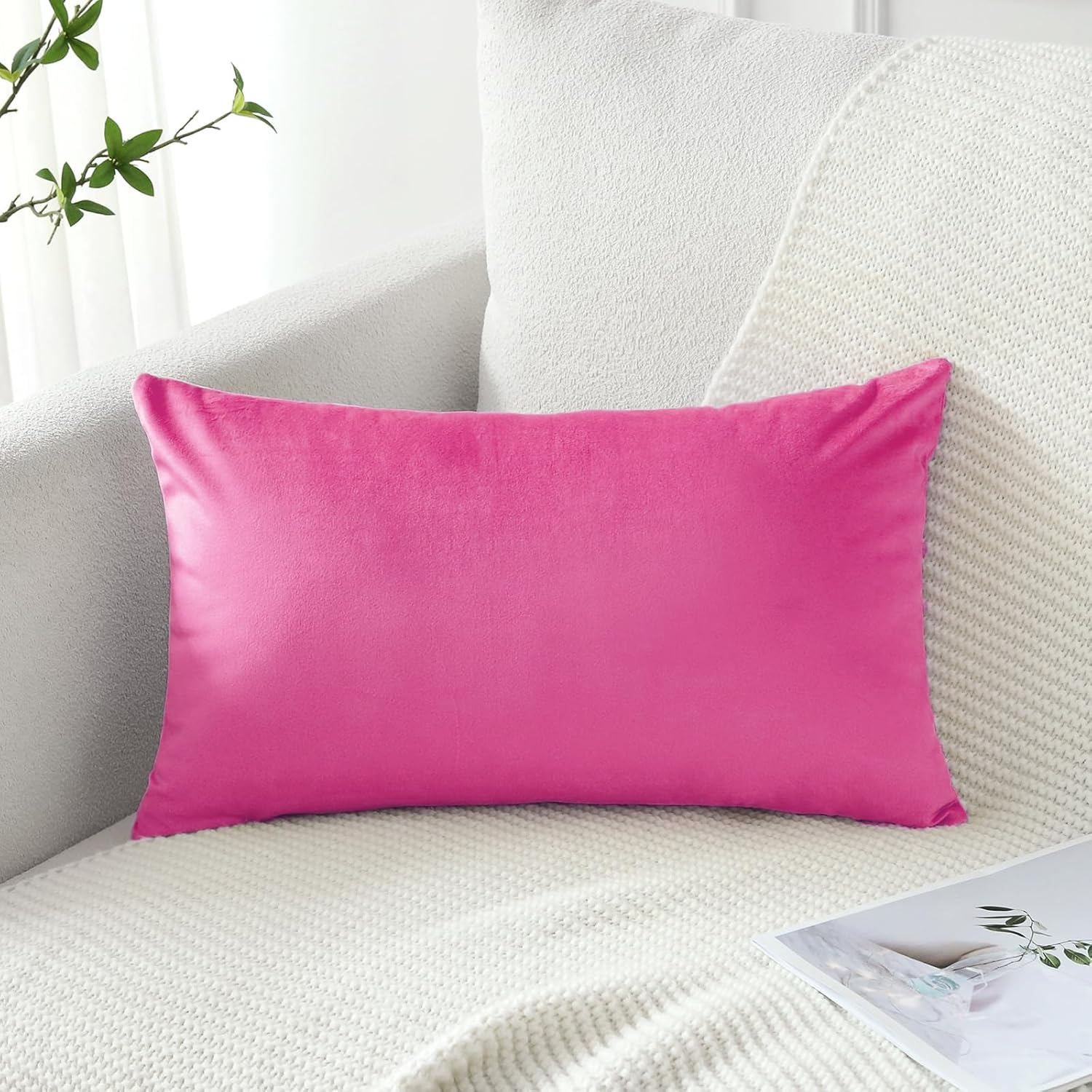 Artscope Luxury Velvet Pillow Covers Decorative Rectangle Pillowcases Soft Solid Cushion Cases for Couch Sofa Bedroom Car Decor 12x20 Inch Hot Pink