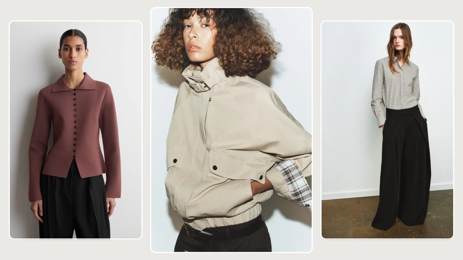 Woman wears burgundy knit top, woman wears cropped trench jacket, woman wears checked shirt and tailored trousers