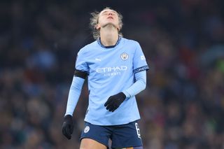 Vivianne Miedema of Manchester City reacts after a missed chance during the Barclays Women's Super League match between Manchester City and Manchester United at Etihad Stadium on January 19, 2025 in Manchester, England.