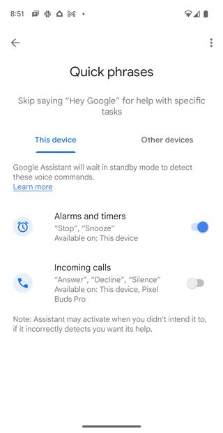 The Quick phrases menu in the Google Assistant settings.