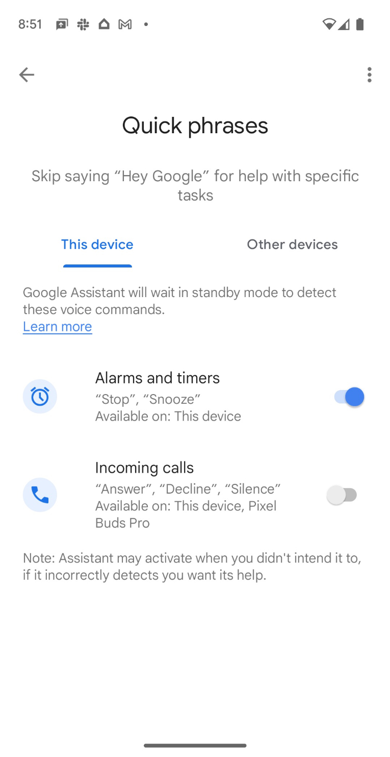 The Quick phrases menu in the Google Assistant settings.
