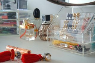 perspex earring storage on a dressing table