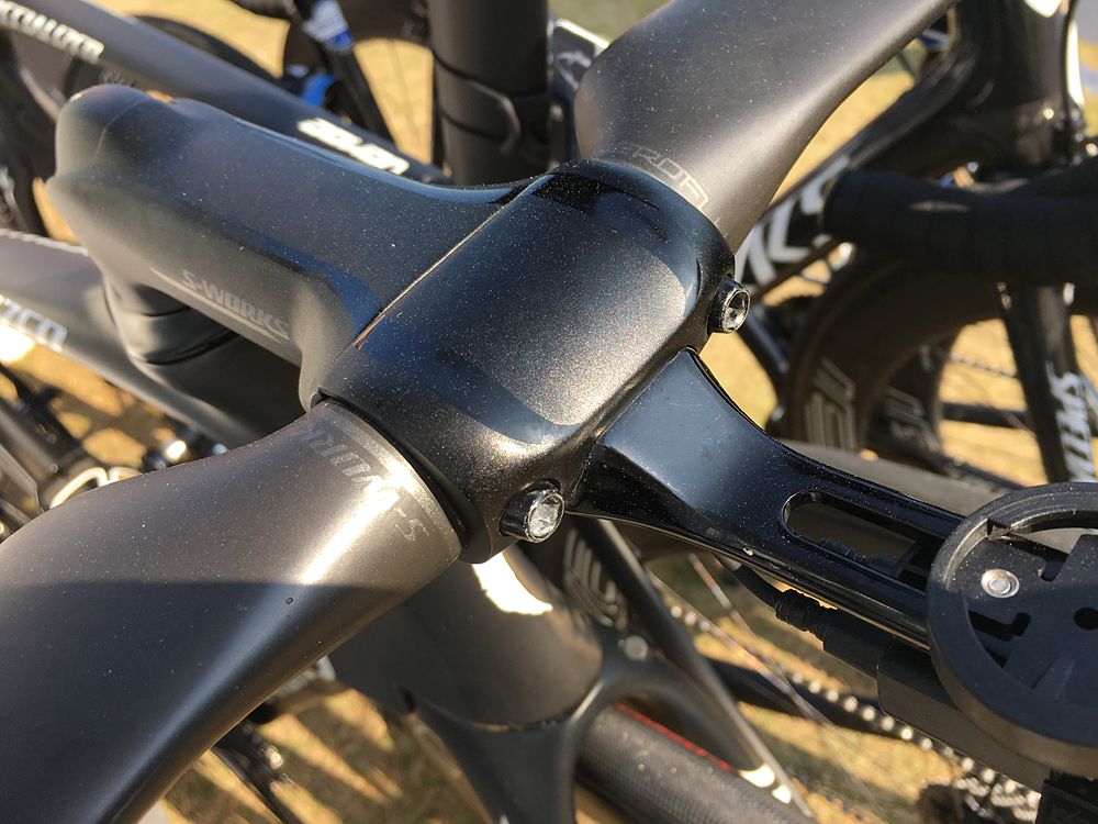 Elia Viviani&rsquo;s S-Works stem has a neat computer holder fixed on the front
