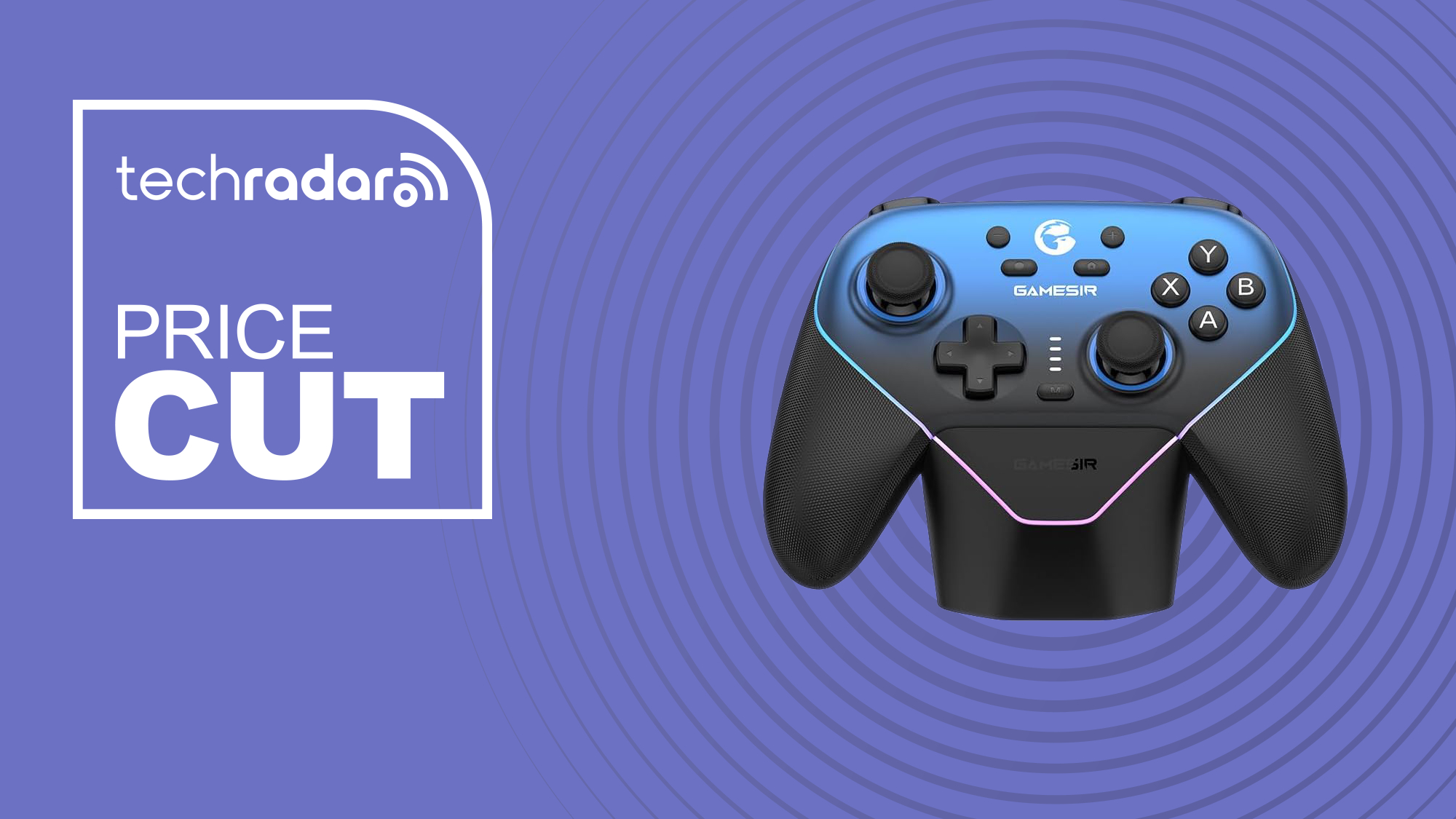 GameSir Super Nova on purple background with concentric circles and badge in top-left corner with techradar logo and text beneath reading &#039;price cut&#039;