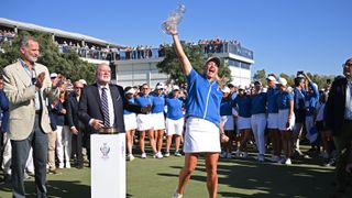Team Europe captain Suzann Pettersen celebrates with the Solheim Cup