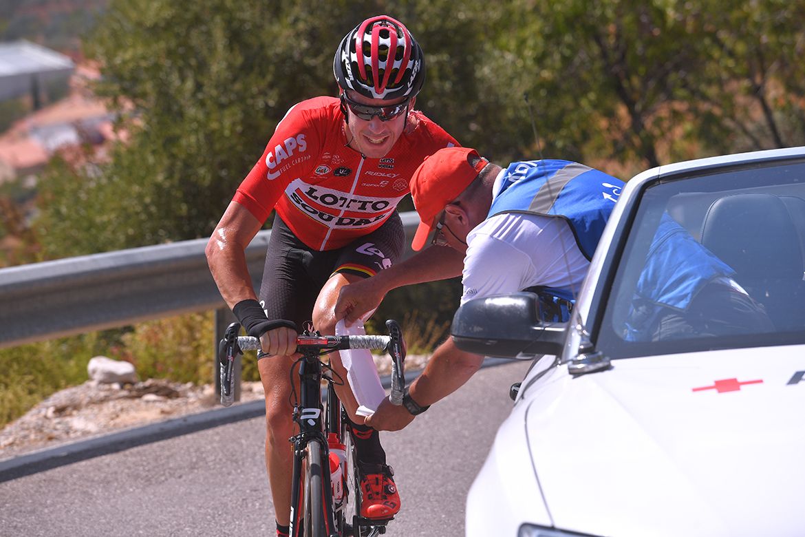 Jelle Wallays (Lotto Soudal) gets medical attention after a crash