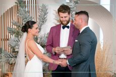 a close up of new Married at First Sight Australia couple Bronte and Harrison exchanging vows