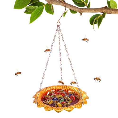 Bee Feeder With Vivid Sunflower Design - Anti-Rust Iron Bee Watering Station for Feeding, Colorful Butterfly Bath Bowl Cup With 15 Glass Marbles for Outdoor Yard Garden Decor Gifts (gold)