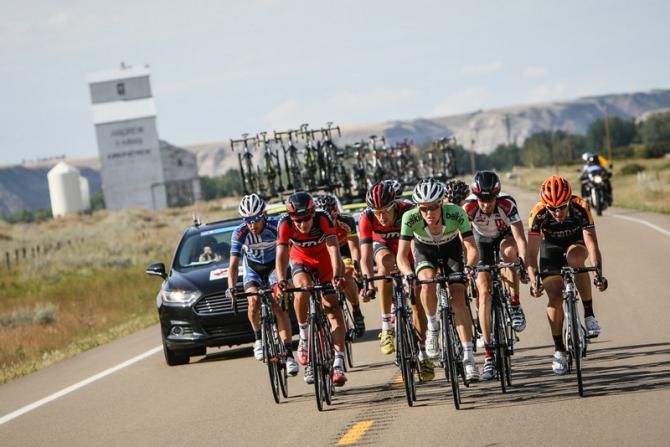 The break closes in on the finish town of Drumheller.