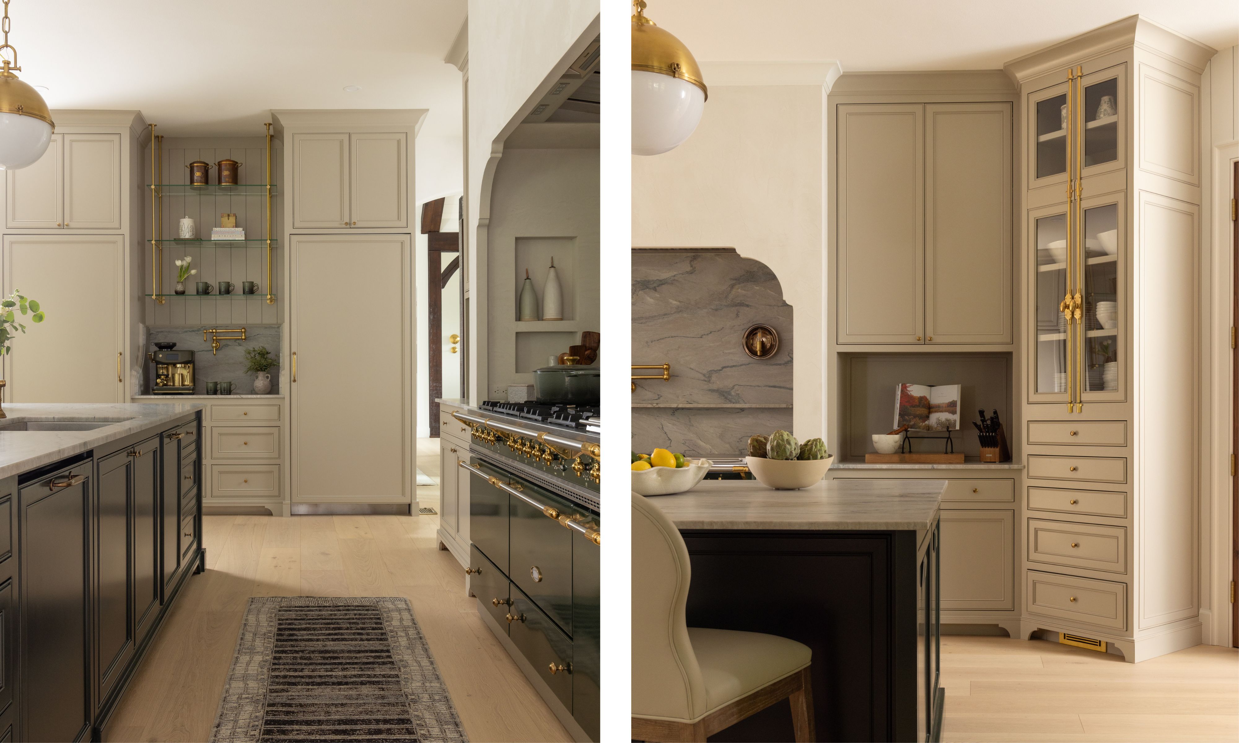 two side by side images of a beige kitchen with large Lachance range, marble backsplash and brass details