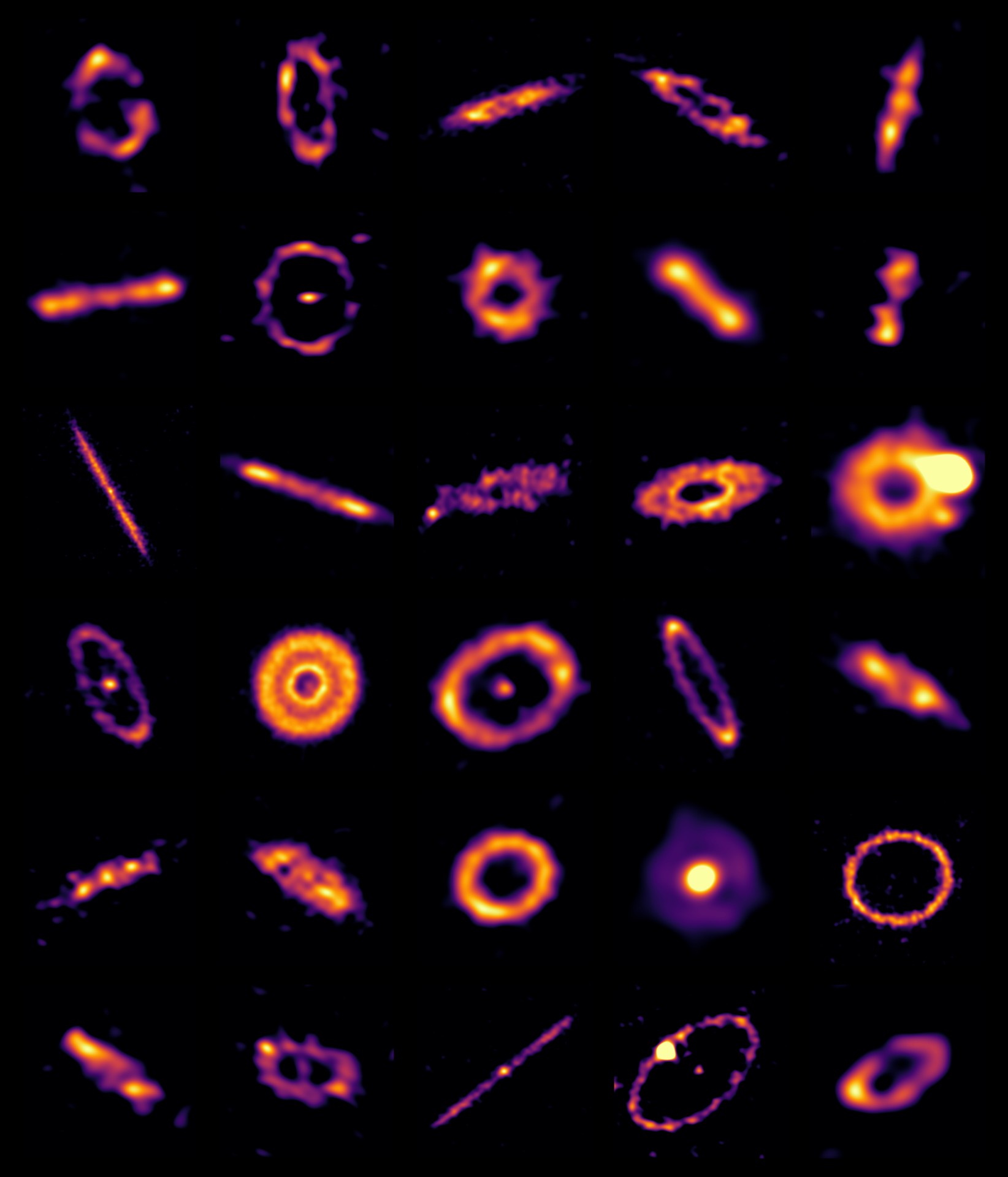 fuzzy purple-and-orange ring shapes on a black background arranged in a 5 by 6 grid