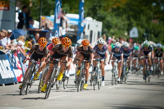 Optum riders at the front taking control of the race while Tibco looms in their draft as the race begins to wind down.