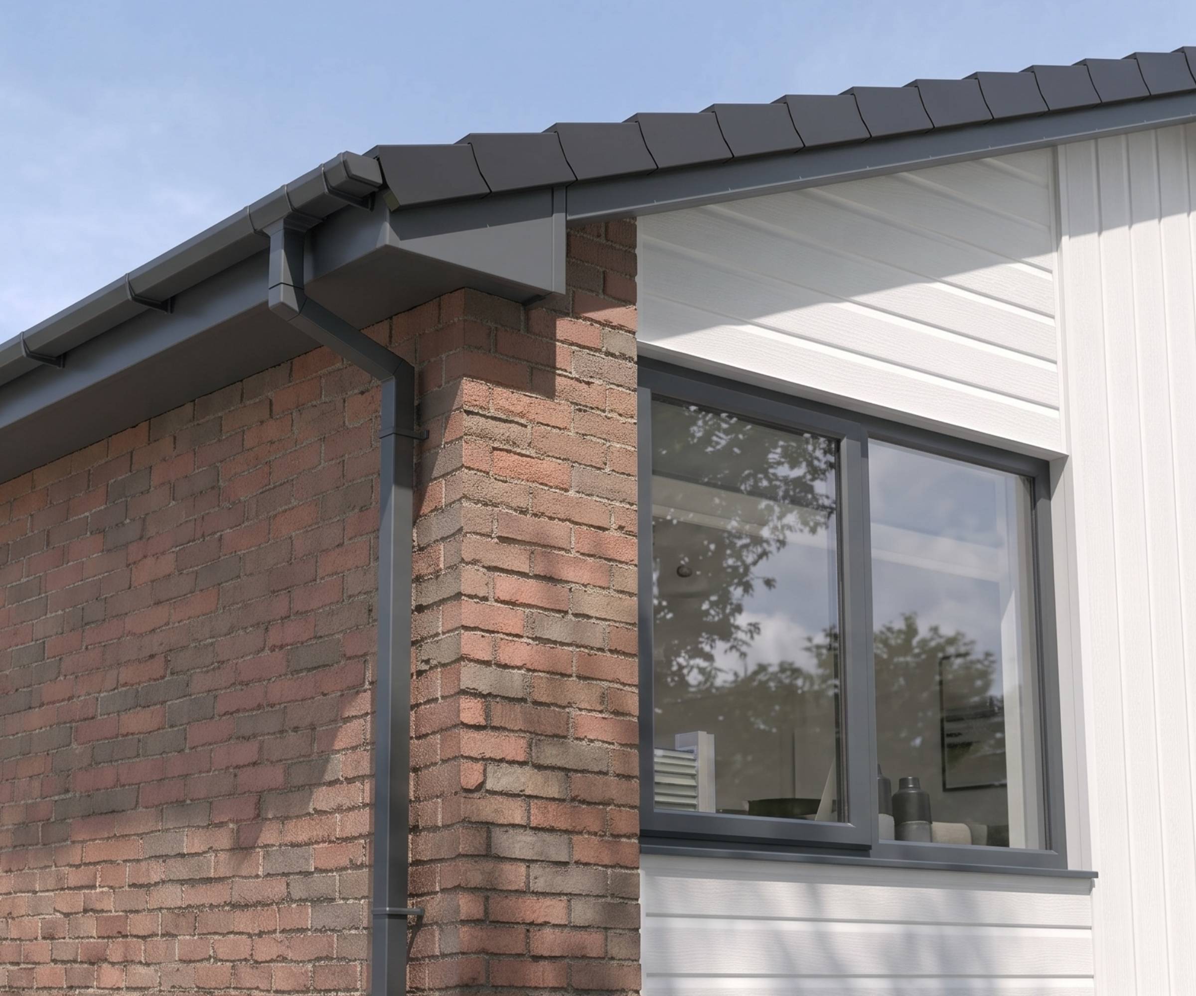 Close up of house exterior with cladding and guttering