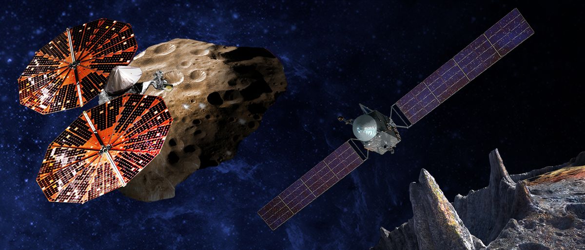 (Left) Artist&#039;s illustration of the Lucy spacecraft flying by the Trojan asteroid Eurybates. Trojans are fossils of planet formation and so will supply important clues to the earliest history of the solar system. (Right) Psyche, the first mission to the m