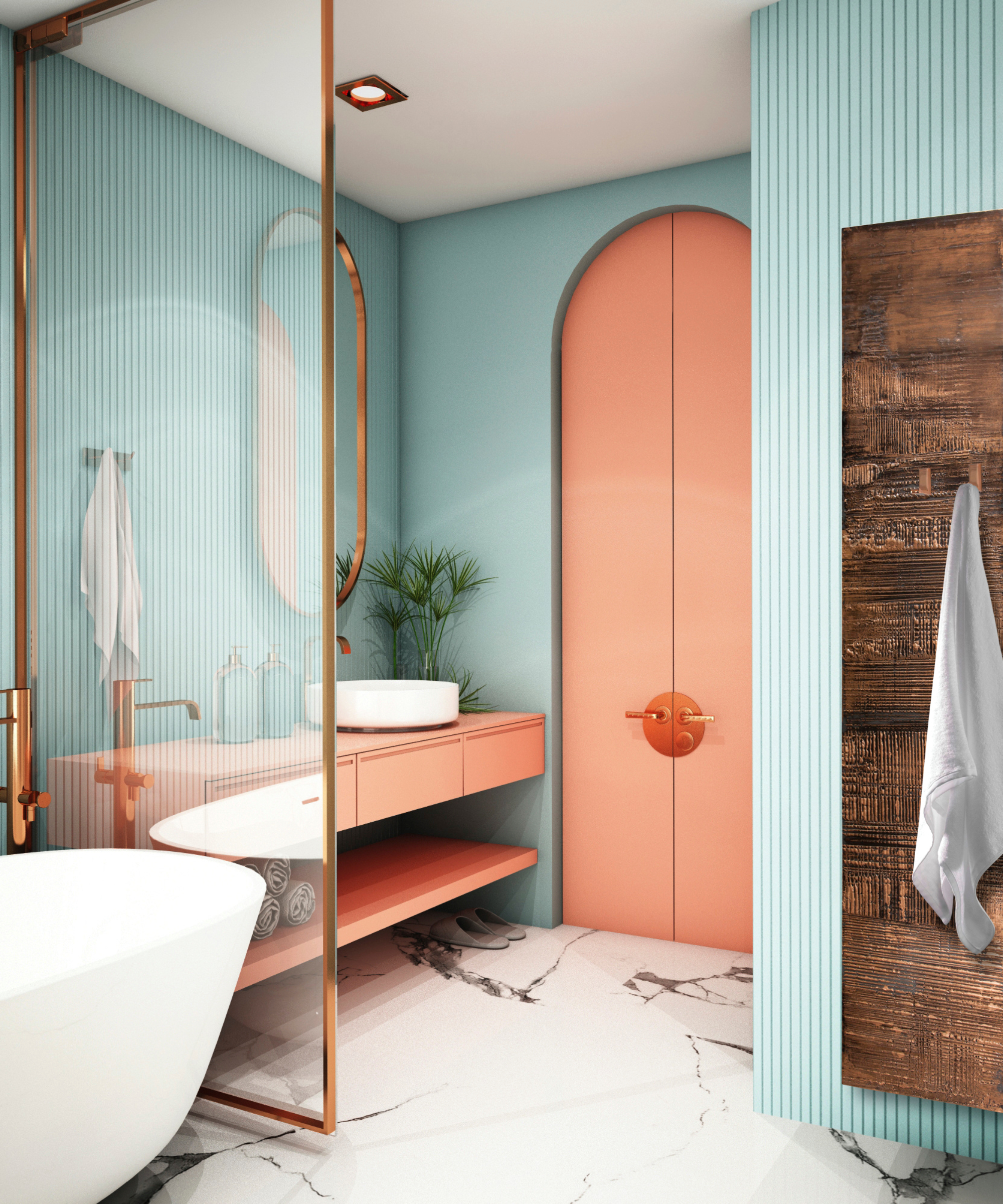 bathroom with turquoise walls, pale orange vanity unit, white marbled floor, brass shower screen and mirror, white bath and aged bronze vertical flat panel radiator
