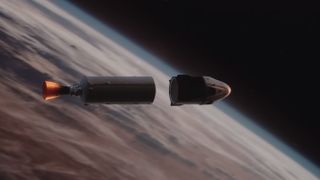 SpaceX's Crew Dragon spacecraft separates from the Falcon 9 rocket's second stage in the Demo-2 mission animation.