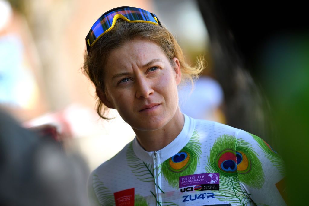 MYSEN NORWAY AUGUST 12 Amber Kraak of Netherlands and Jumbo Visma Team Queen of the mountains jersey during the team presentation prior to the 8th Tour of Scandinavia 2022 Battle Of The North Stage 4 a 1192km stage from Askim to Mysen UCIWWT tourofscandinavia TOSC22 on August 12 2022 in Mysen Norway Photo by Luc ClaessenGetty Images