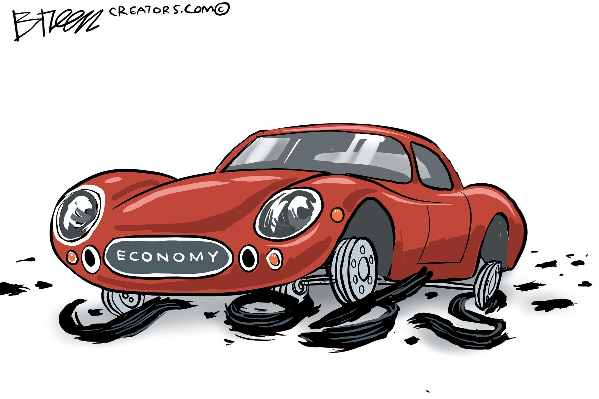 
                                This cartoon shows a brightly colored two-door sports car with a license plate that reads “ECONOMY,” The car’s tires have been shredded and it rests on metal rims. The shreds of the tires spell out &quot;JOBS.&quot;
                            