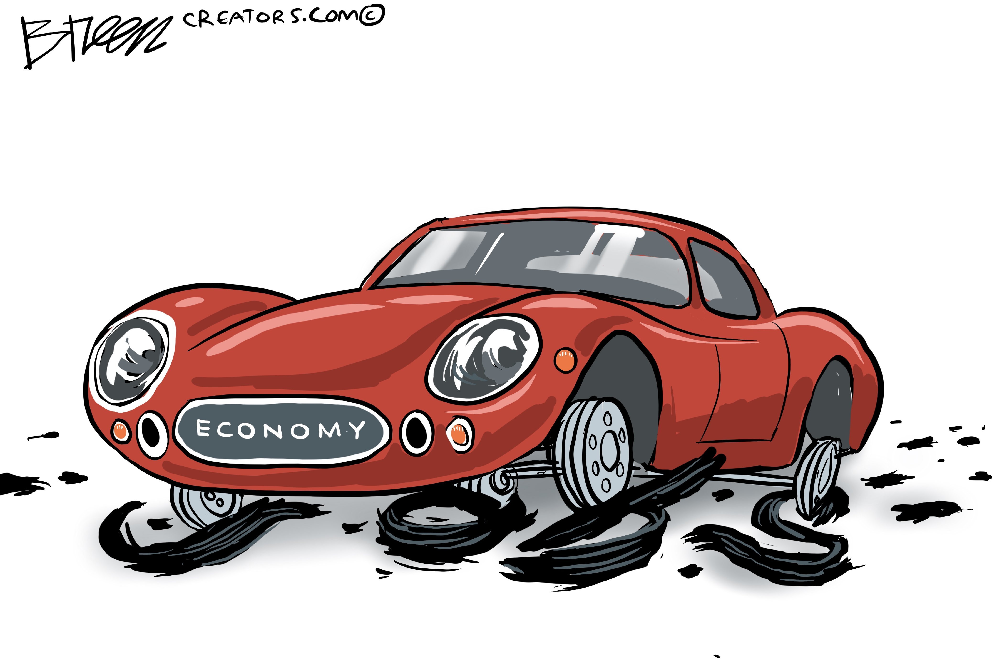 This cartoon shows a brightly colored two-door sports car with a license plate that reads &amp;ldquo;ECONOMY,&amp;rdquo; The car&amp;rsquo;s tires have been shredded and it rests on metal rims. The shreds of the tires spell out &quot;JOBS.&quot;