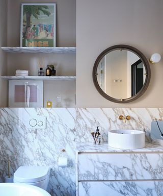 Pink and marble bathroom with shelving ideas