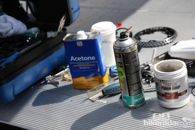 Acetone is kept on hand for the particularly sticky clean-ups (read: sweat and sports drink) and Motorex polish keeps things shiny