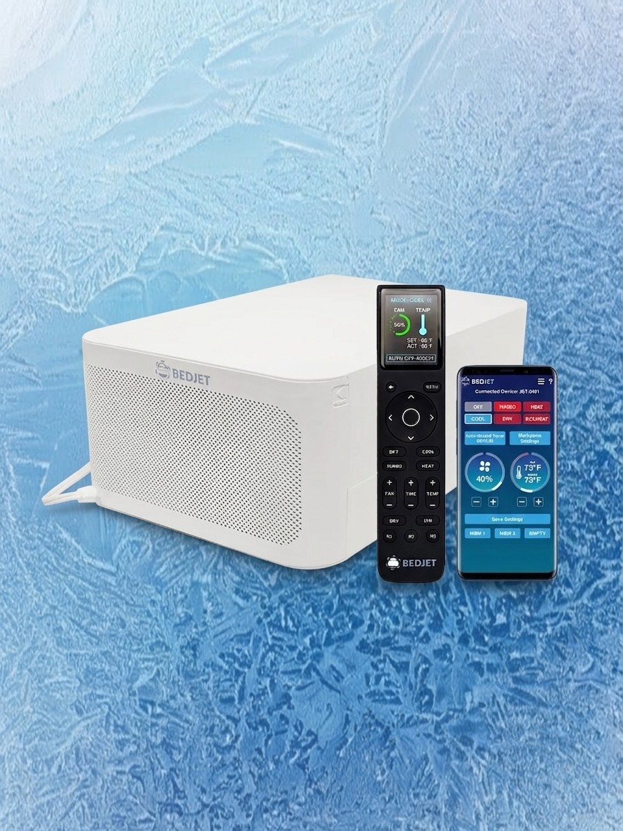 The BedJet Climate Comfort System 3 plus remote and smartphone app against a blue icy background edited by Gemini
