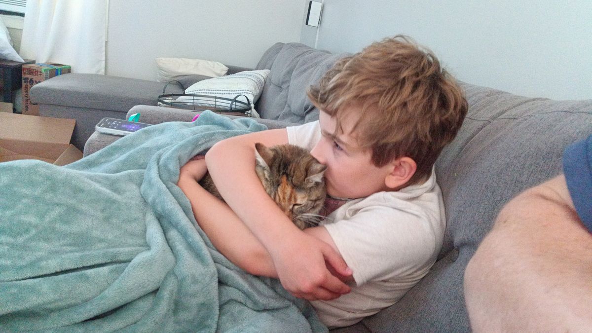 Camera samples from a Bigme HiBreak Pro E Ink smartphone showing a boy holding a cat