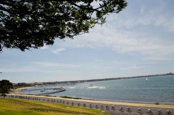 The peleton stretch out along the foreshore.