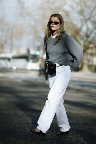 Gray sweater and white jeans outfit