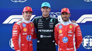 Pole position qualifier George Russell, Second placed qualifier Charles Leclerc and Third placed qualifier Lewis Hamilton