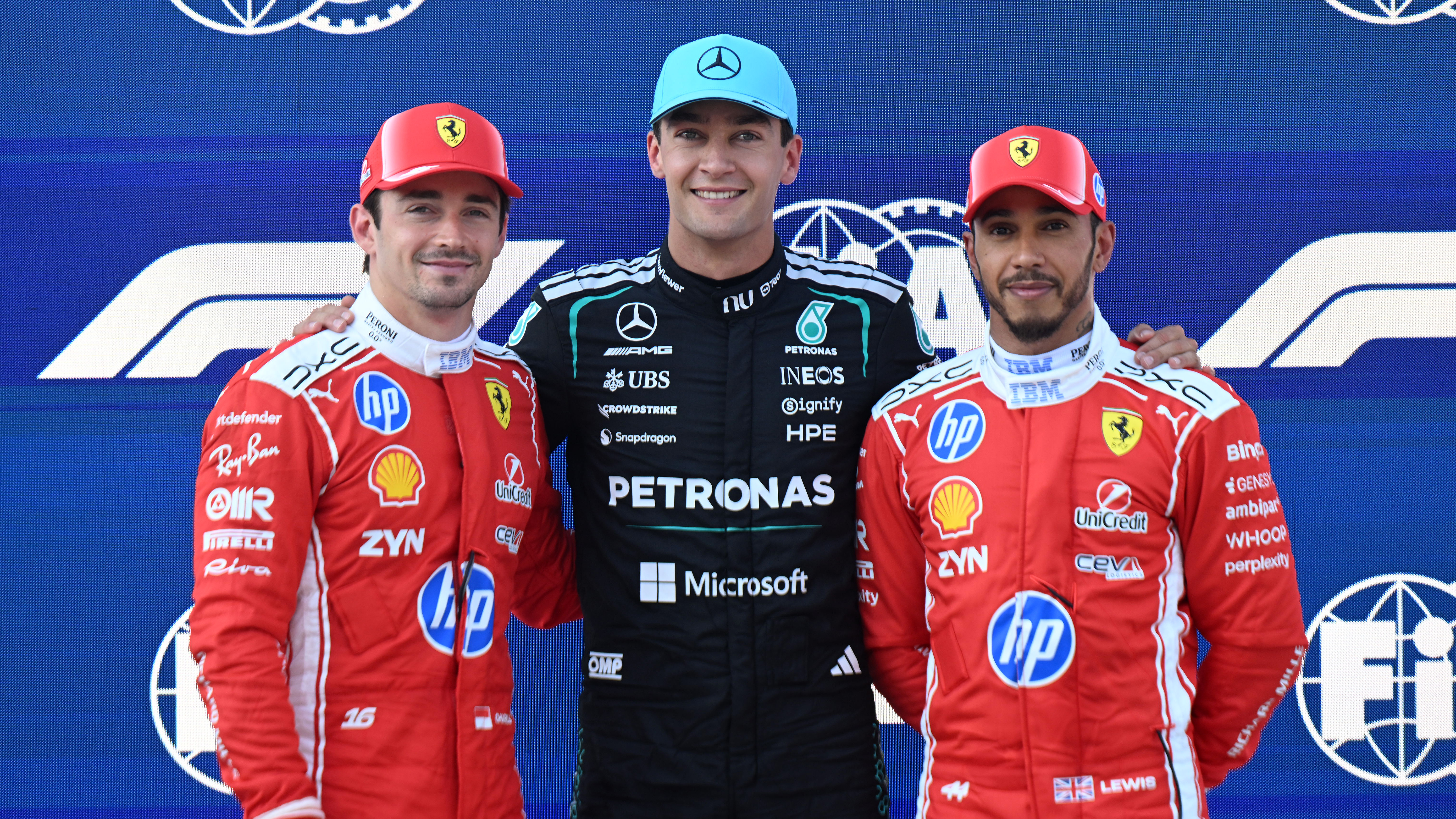 Pole position qualifier George Russell, Second placed qualifier Charles Leclerc and Third placed qualifier Lewis Hamilton