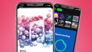Two phones on a pink background showing the Apple Music app and the new Spotify app
