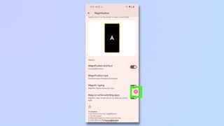 Screenshots showing the steps to setting up on-screen magnifier on Android 14 phone - Button now visible