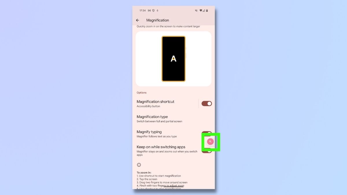 Снимки экрана, показывающие шаги по настройке экранной лупы на телефоне Android 14. Кнопка теперь видна.