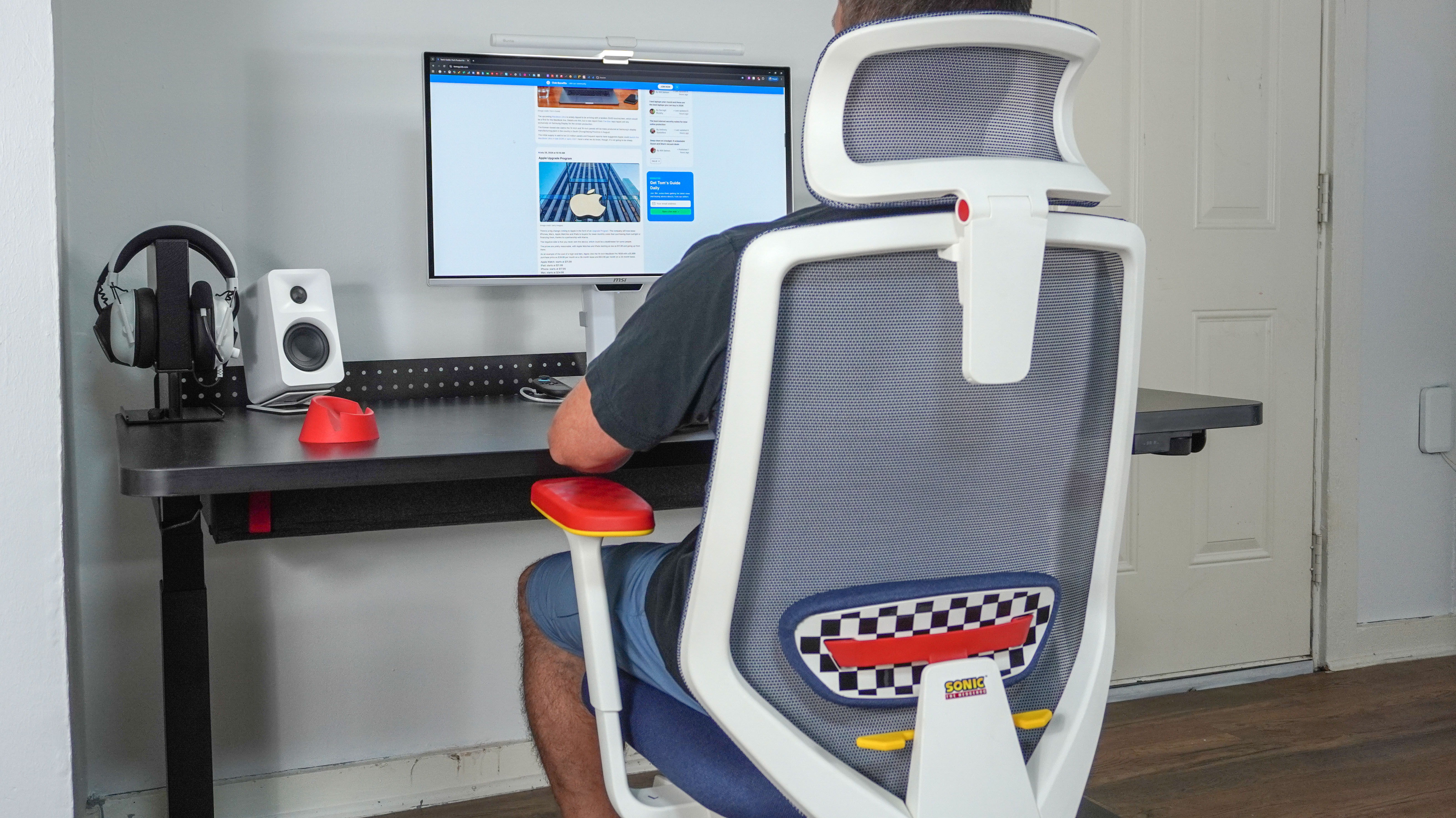 A person sitting in the Branch Ergonomic Chair Pro: Sonic the Hedgehog Edition working at their desk