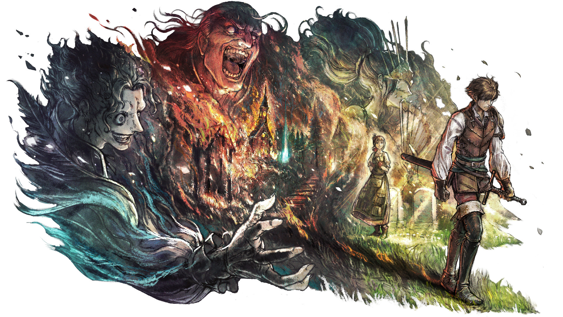 Art from Octopath Traveler 0 showing the hero being haunted by the images of those who burned his hometown, with ghostly images of the three surrounding an image of a town on fire behind him as he walks forward