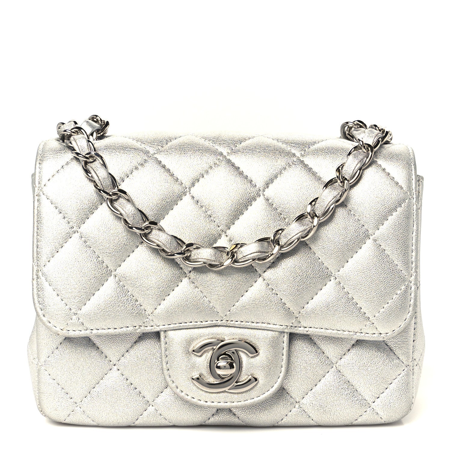 Metallic Lambskin Quilted Mini Square Flap Silver