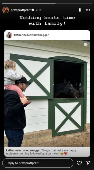 Chris Pratt instagram stories June 28, 2024 with family at barn