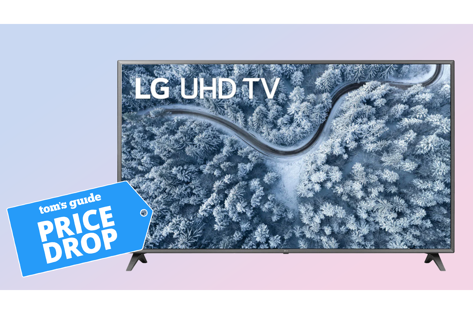 Image of the LG UHD 4K TV on a background with a price drop tag