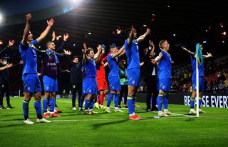 Ukraine players celebrate victory over Sweden at Euro 2020.