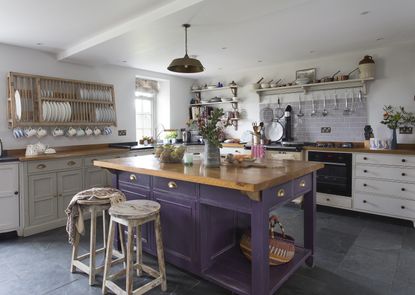 purple kitchen island in farmhouse kitchen 