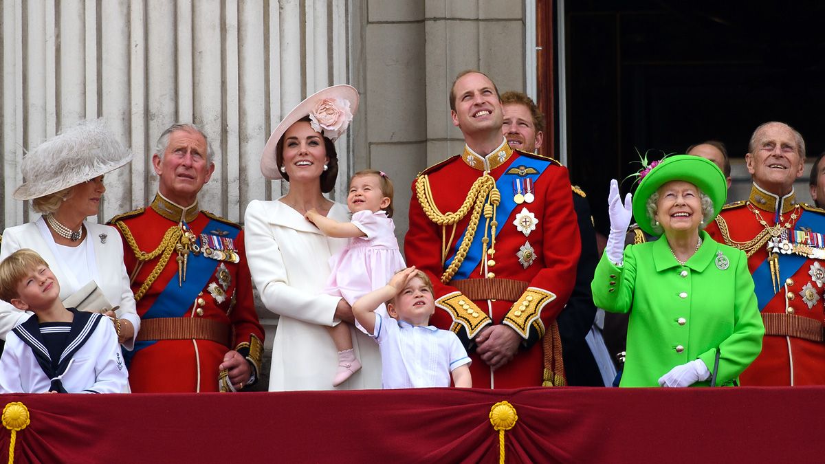 LONDON, ENGLAND - JUNE 11: (L-R) Camilla, Duchess of Cornwall, Charles, Prince of Wales, Catherine, Duchess of Cambridge, Princess Charlotte of Cambridge, Prince George of Cambridge, Prince W